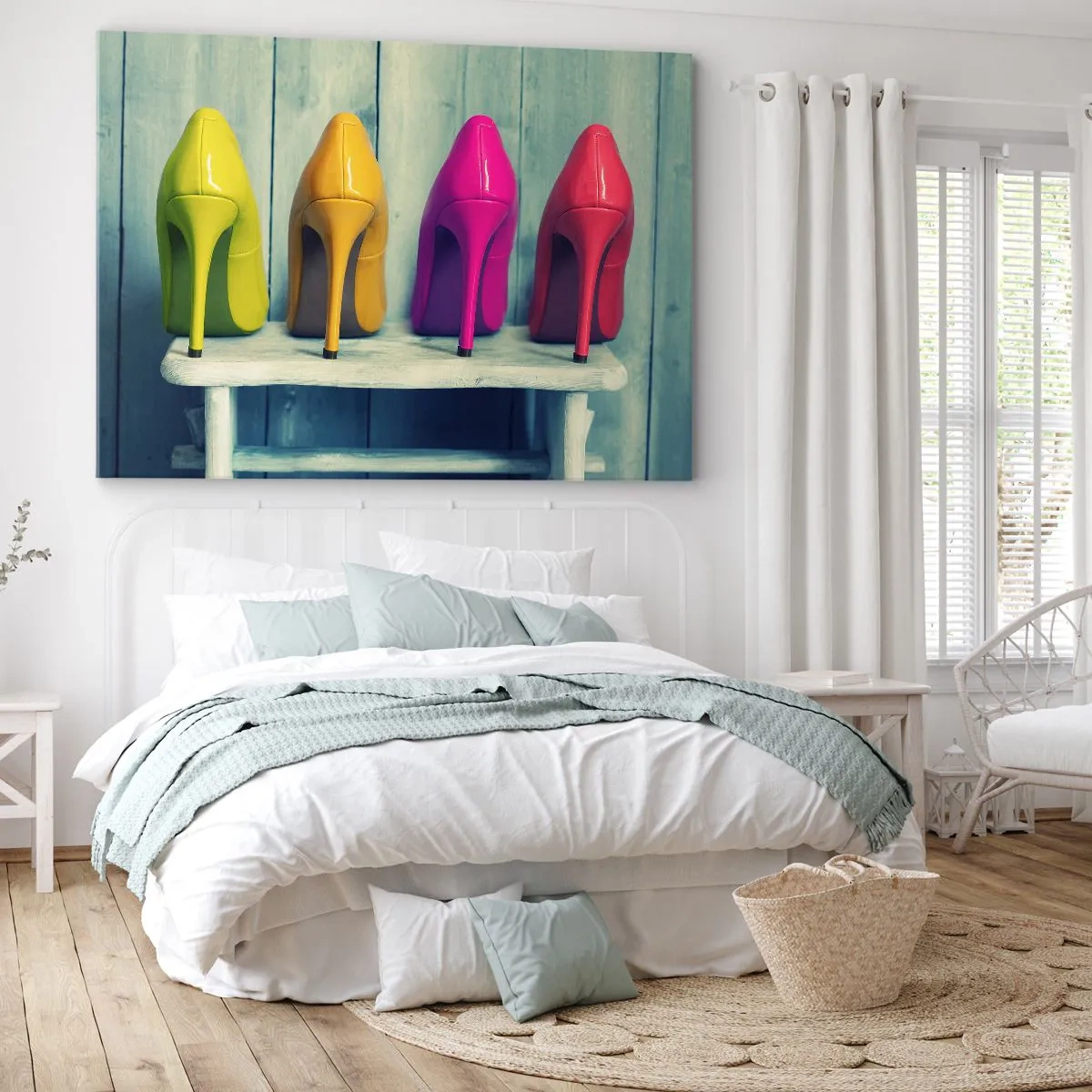 Bild auf Leinwand - Leinwandbild - Bunte High Heels vor einer Holzwand - 70x50cm - Spazierengehen auf dem Regenbogen - Moderne Wanddekoration für Wohnzimmer und Schlafzimmer ARTTOR