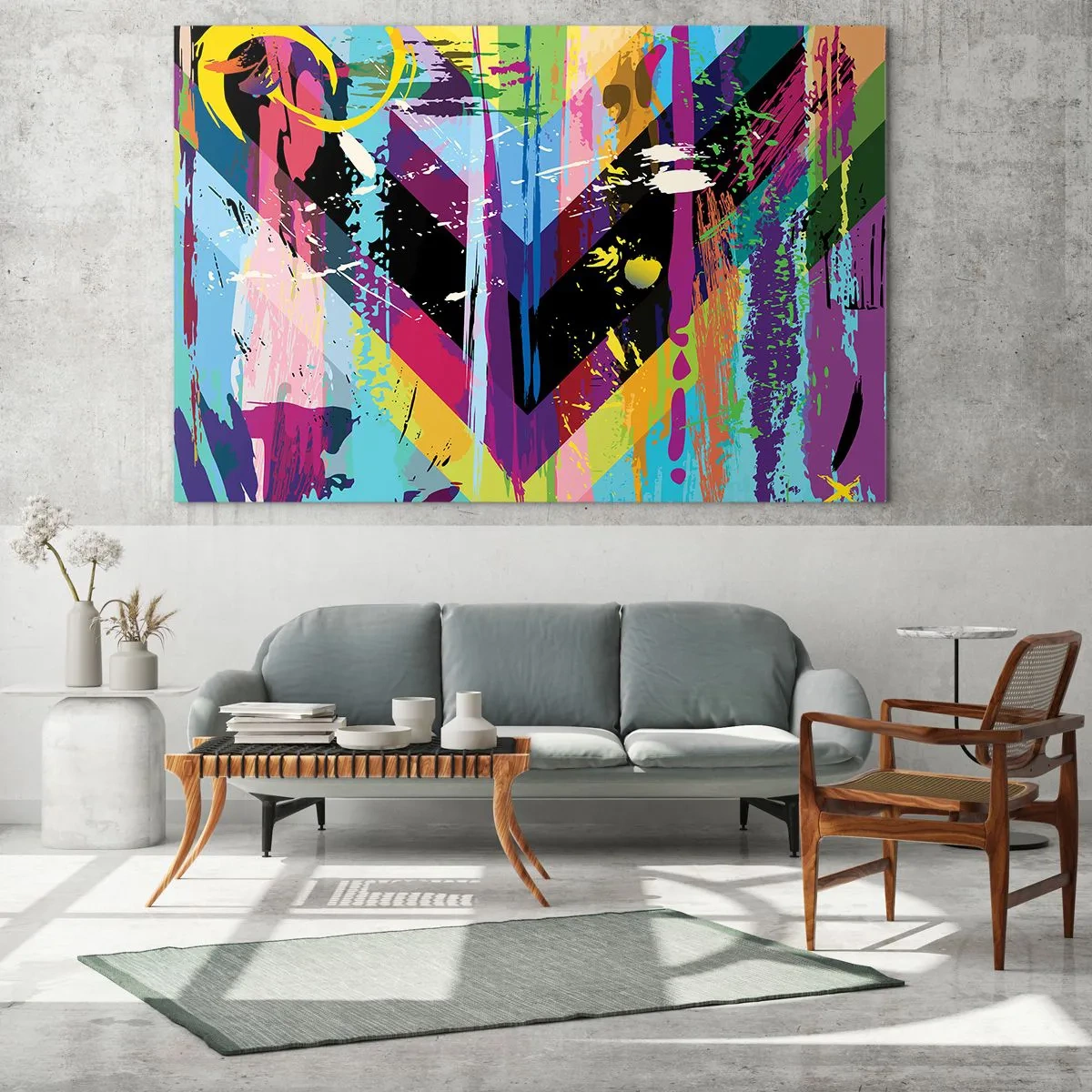 Glasbild - Bild auf glas - Bunte Abstraktion mit dynamischen Formen und intensiven Farben - 100x70cm - Von oben nach unten - Moderne Wanddekoration für Wohnzimmer und Schlafzimmer ARTTOR