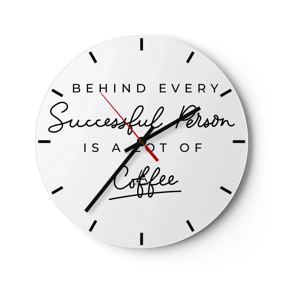 Wanduhr - Glasuhr - Eine weiße Uhr mit einer motivierenden Aufschrift zum Thema Kaffee. - 30x30cm - Erfolgsgeheimnis - Moderne Wanddekoration für Wohnzimmer, Küche und Schlafzimmer ARTTOR