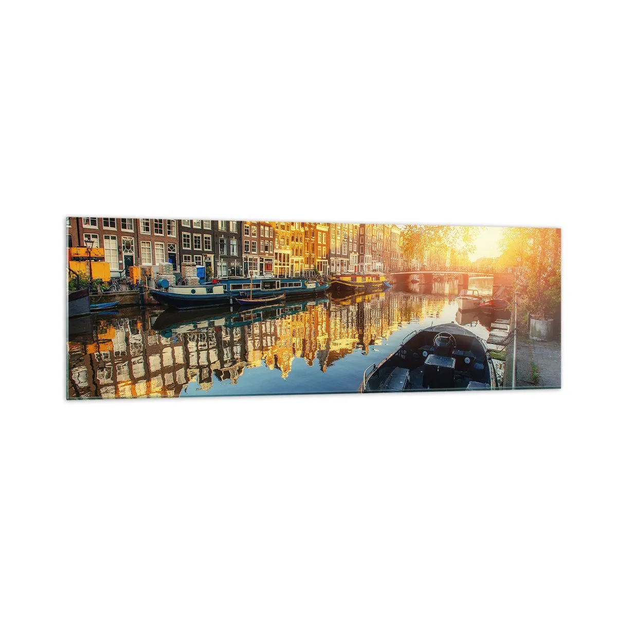 Glasbild - Bild auf glas - Amsterdamer Kanal bei Sonnenuntergang - 160x50cm - Morgen in Amsterdam - Moderne Wanddekoration für Wohnzimmer und Schlafzimmer ARTTOR