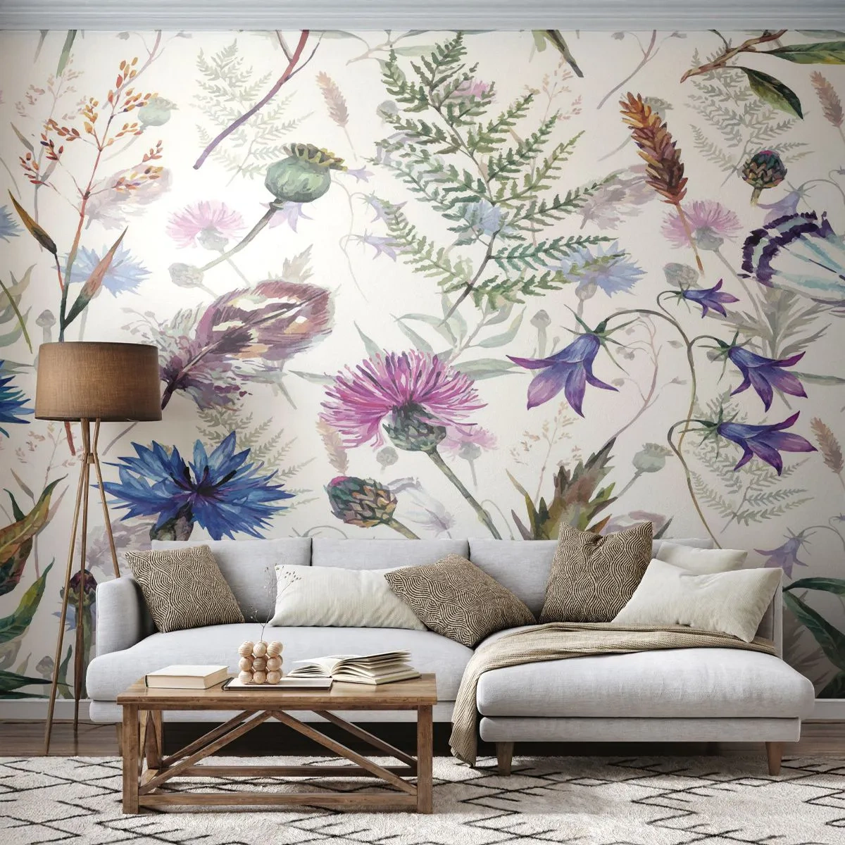 Fototapete Premium Sand - Aquarellblumen und -blätter auf weißem Hintergrund - 100x70cm - Polnisches Herbarium - Moderne Wanddekoration für Wohnzimmer und Schlafzimmer ARTTOR