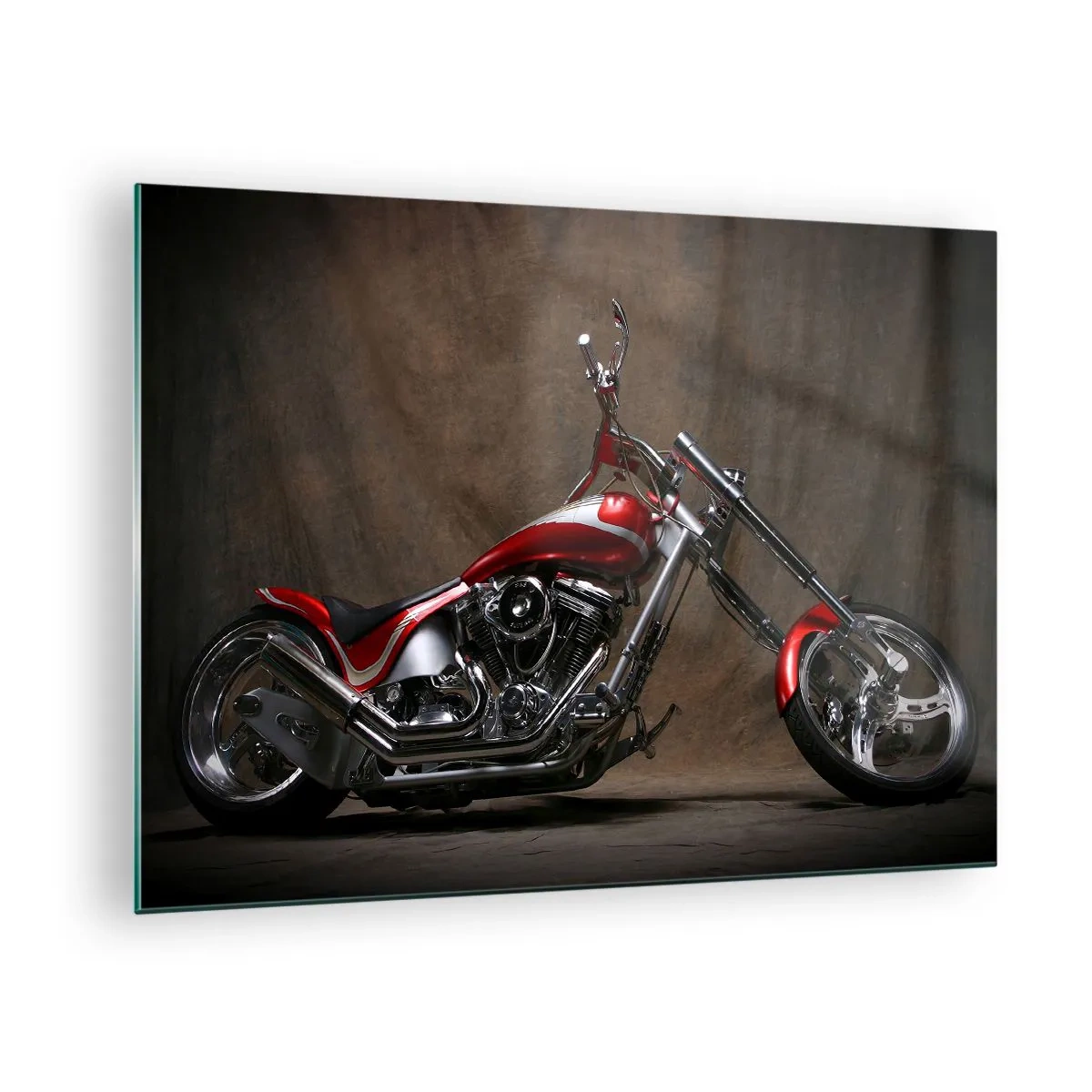 Glasbild - Bild auf glas - Rotes Custom-Motorrad auf dunklem Hintergrund - 70x50cm - Rote und silberne Schönheit - Moderne Wanddekoration für Wohnzimmer und Schlafzimmer ARTTOR