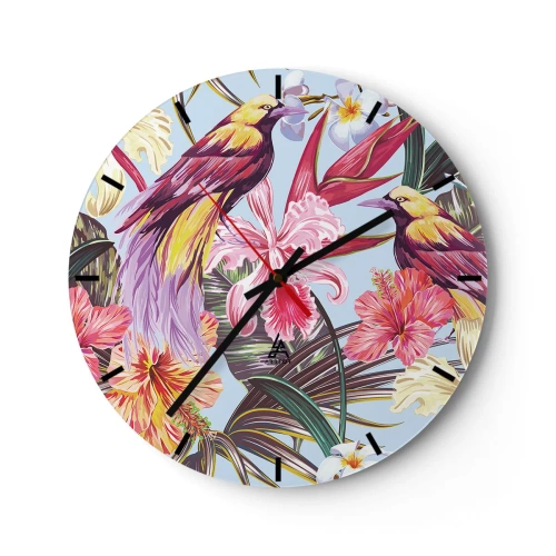 Wanduhr - Glasuhr - Bunte Vögel zwischen tropischen Blumen und Blättern - 30x30cm - Blütenblätter und Federn - Moderne Wanddekoration für Wohnzimmer, Küche und Schlafzimmer ARTTOR