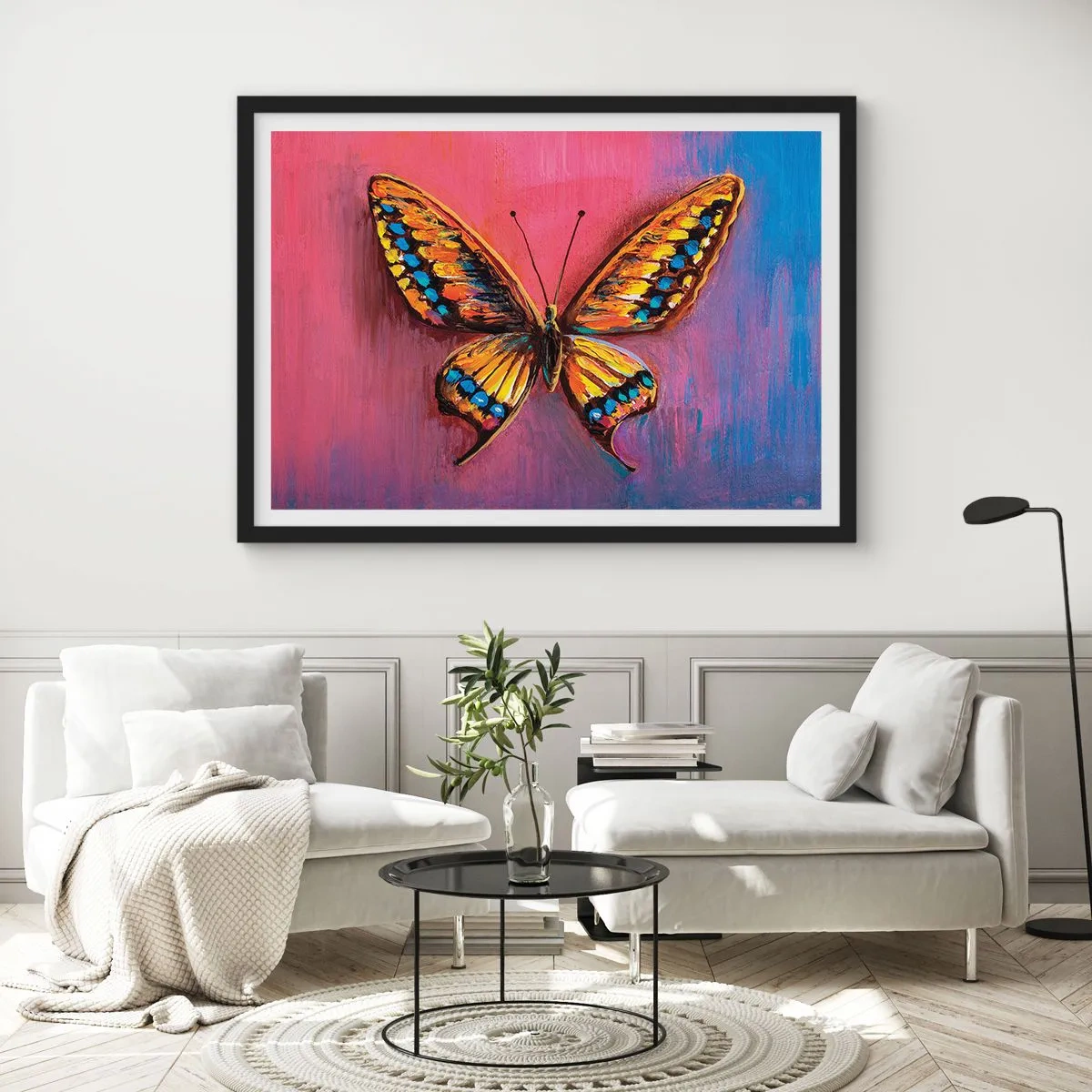 Poster in einem schwarzem Rahmen - Bunter Schmetterling auf abstraktem Hintergrund - 100x70cm - Ein Juwel der Natur - Moderne Wanddekoration für Wohnzimmer und Schlafzimmer ARTTOR