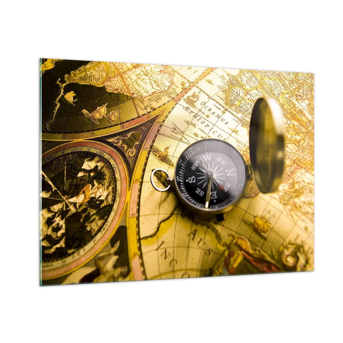 Glasbild - Bild auf glas - Eine goldene Karte mit Kompass als Abenteuer-Akzent - 100x70cm - Oder vielleicht bis ans Ende der Welt? - Moderne Wanddekoration für Wohnzimmer und Schlafzimmer ARTTOR