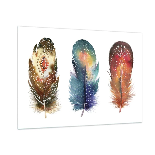 Glasbild - Bild auf glas - Drei bunte Federn mit ethnischen Mustern - 100x70cm - Rituale, Zeremonien, Geheimnisse - Moderne Wanddekoration für Wohnzimmer und Schlafzimmer ARTTOR