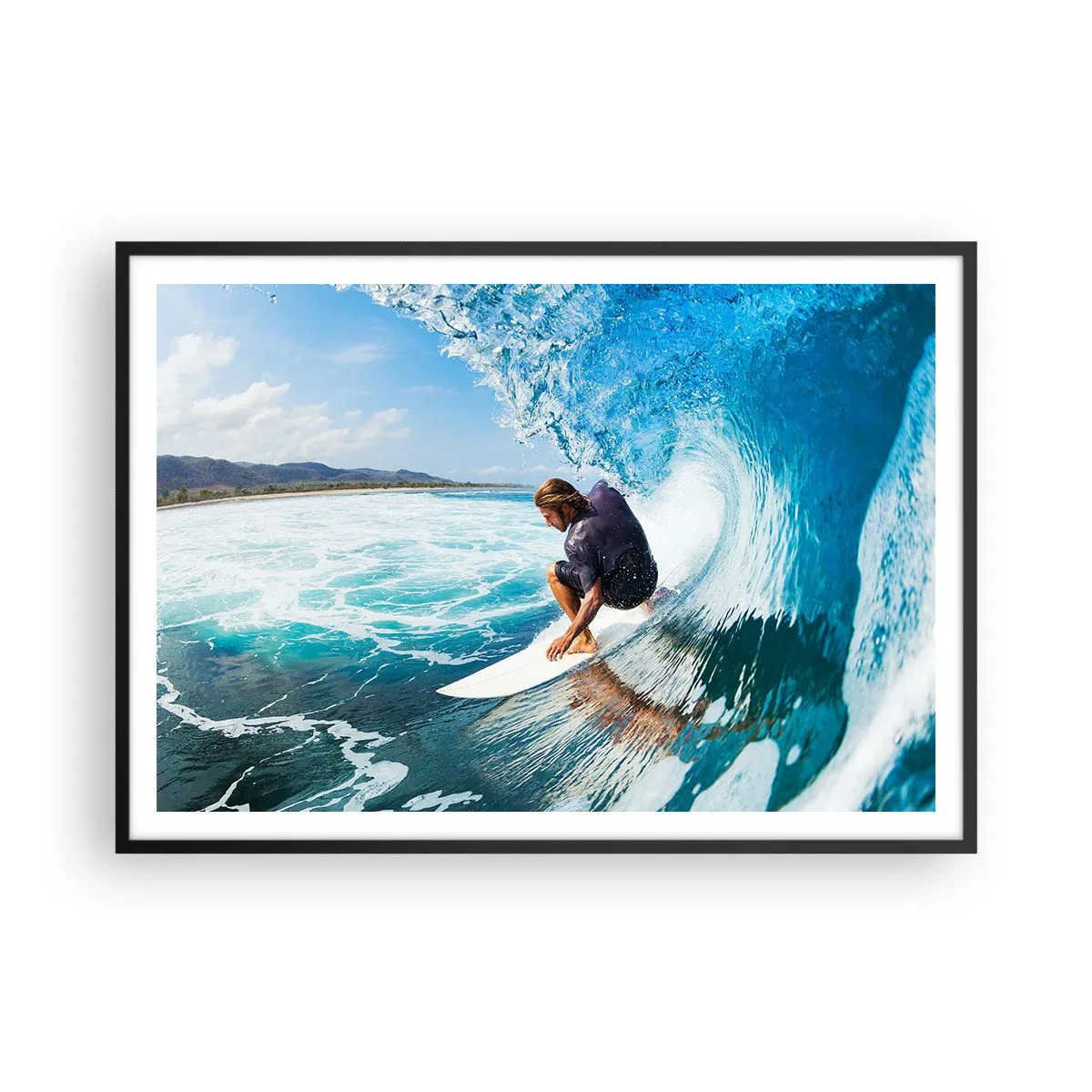 Poster in einem schwarzem Rahmen - Ein Surfer in dynamischer Pose auf einer Welle im türkisfarbenen Wasser. - 100x70cm - Tanzen mit den Wellen - Moderne Wanddekoration für Wohnzimmer und Schlafzimmer ARTTOR