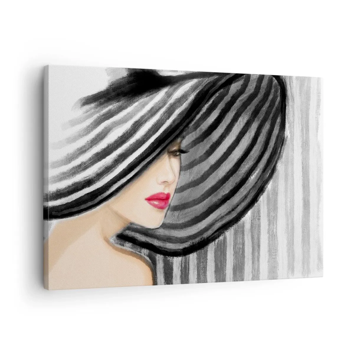 Bild auf Leinwand - Leinwandbild - Frau trägt einen schwarz-weißen Hut mit rotem Akzent - 70x50cm - Wo soll ich dich finden? - Moderne Wanddekoration für Wohnzimmer und Schlafzimmer ARTTOR