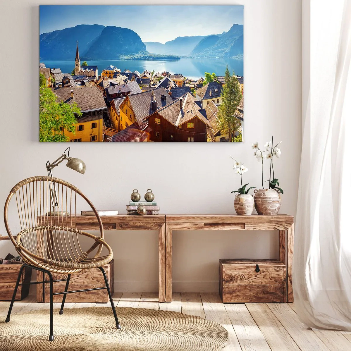 Bild auf Leinwand - Leinwandbild - Ein malerisches Dorf an einem See, umgeben von Bergen an einem sonnigen Tag - 70x50cm - Es könnte nicht malerischer sein - Moderne Wanddekoration für Wohnzimmer und Schlafzimmer ARTTOR