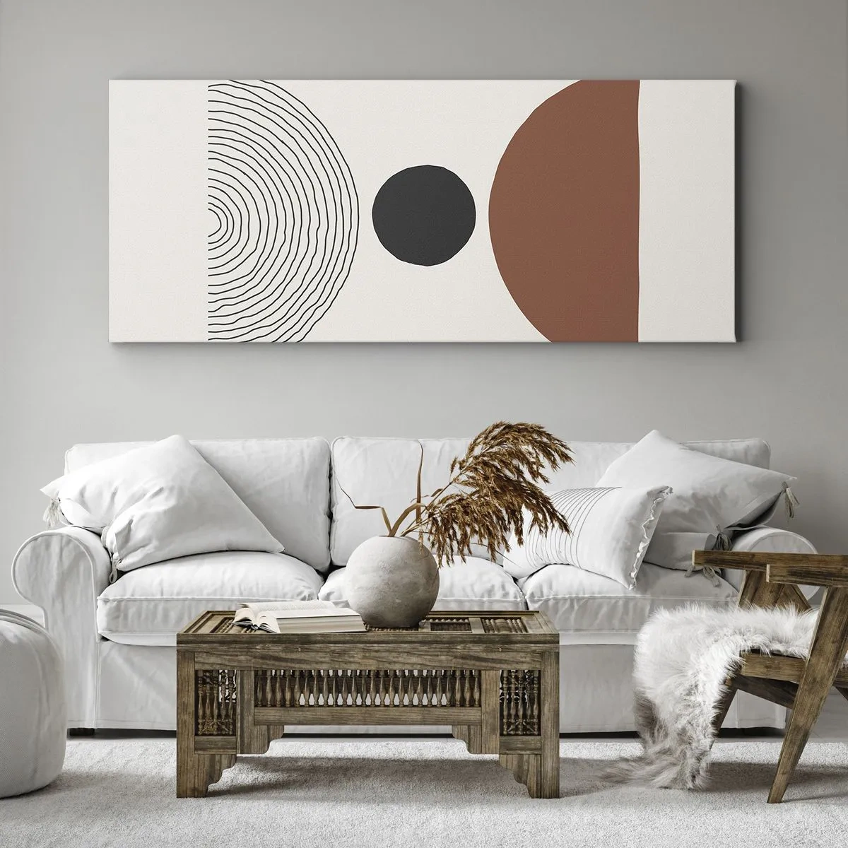 Bild auf Leinwand - Leinwandbild - Abstrakte geometrische Figuren in warmen Farben - 160x50cm - Das Zentrum der Aufmerksamkeit - Moderne Wanddekoration für Wohnzimmer und Schlafzimmer ARTTOR