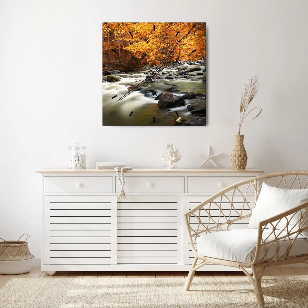 Wanduhr - Glasuhr - Ein Bach in einem goldenen Wald - 30x30 cm