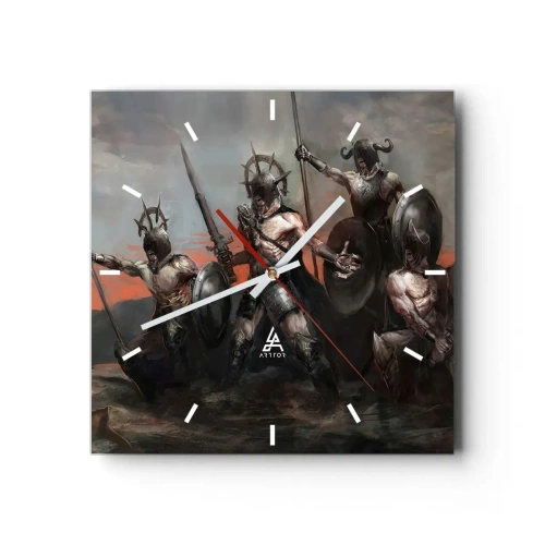 Wanduhr - Glasuhr - Eine Gruppe von Kriegern in Rüstung mit Speeren vor dem Hintergrund des Sonnenuntergangs - 30x30cm - Mit oder auf einem Schild - Moderne Wanddekoration für Wohnzimmer und Schlafzimmer ARTTOR