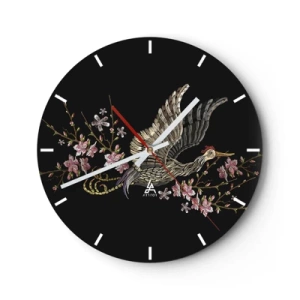 Wanduhr - Glasuhr - Ein Vogel im Flug zwischen Blumen auf schwarzem Hintergrund - 30x30cm - Exotischer gestickter Vogel - Moderne Wanddekoration für Wohnzimmer, Küche und Schlafzimmer ARTTOR
