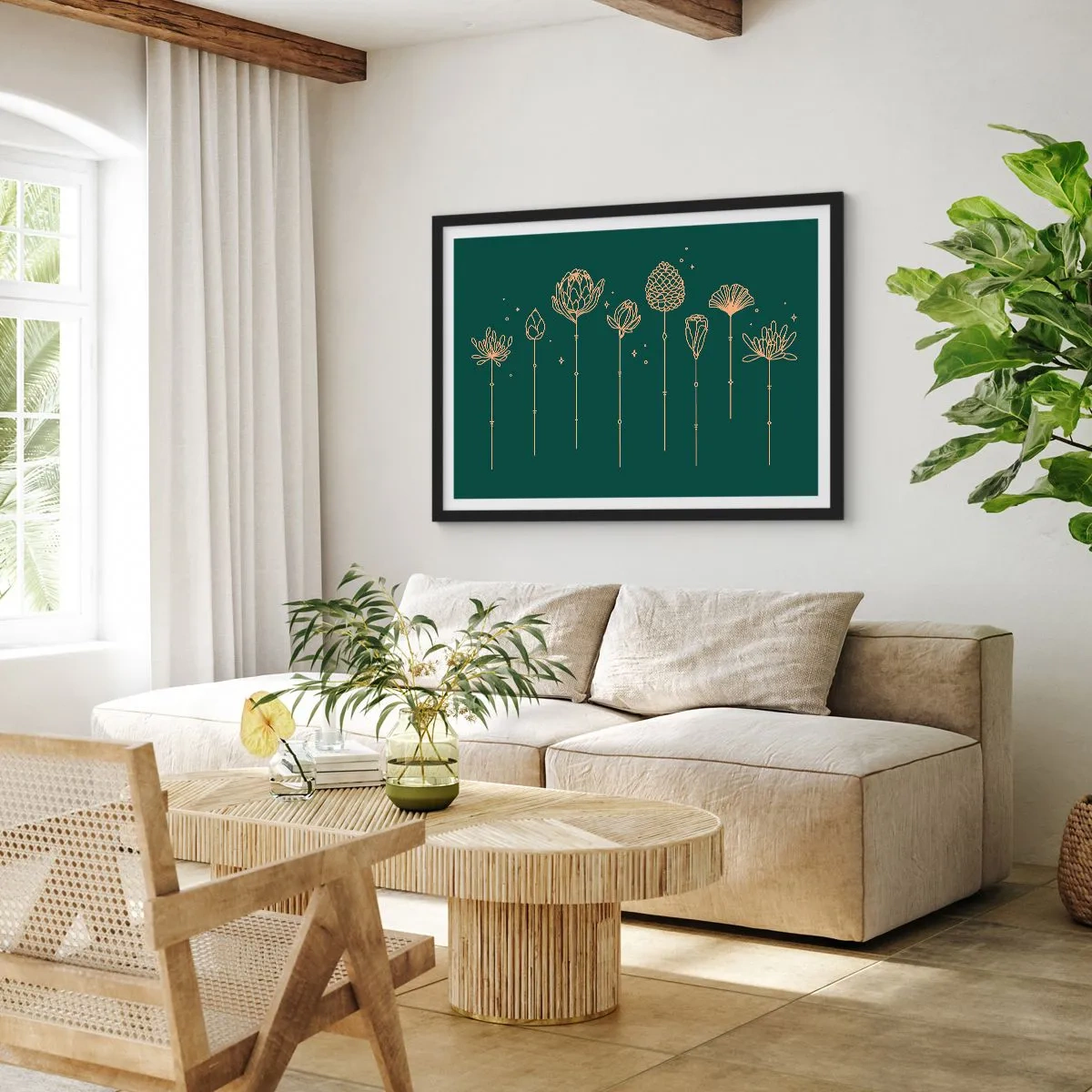 Poster in einem schwarzem Rahmen - Goldene Zeichnungen von Kräutern auf dunkelgrünem Hintergrund - 70x50cm - Familie ZIÓŁkowski - Moderne Wanddekoration für Wohnzimmer und Schlafzimmer ARTTOR