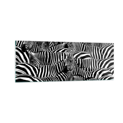 Glasbild - Bild auf glas - Eine Gruppe Zebras mit schwarzen und weißen Streifen, die ein symmetrisches Muster bilden. - 140x50cm - Gestreiftes Gruppenportrait - Moderne Wanddekoration für Wohnzimmer und Schlafzimmer ARTTOR