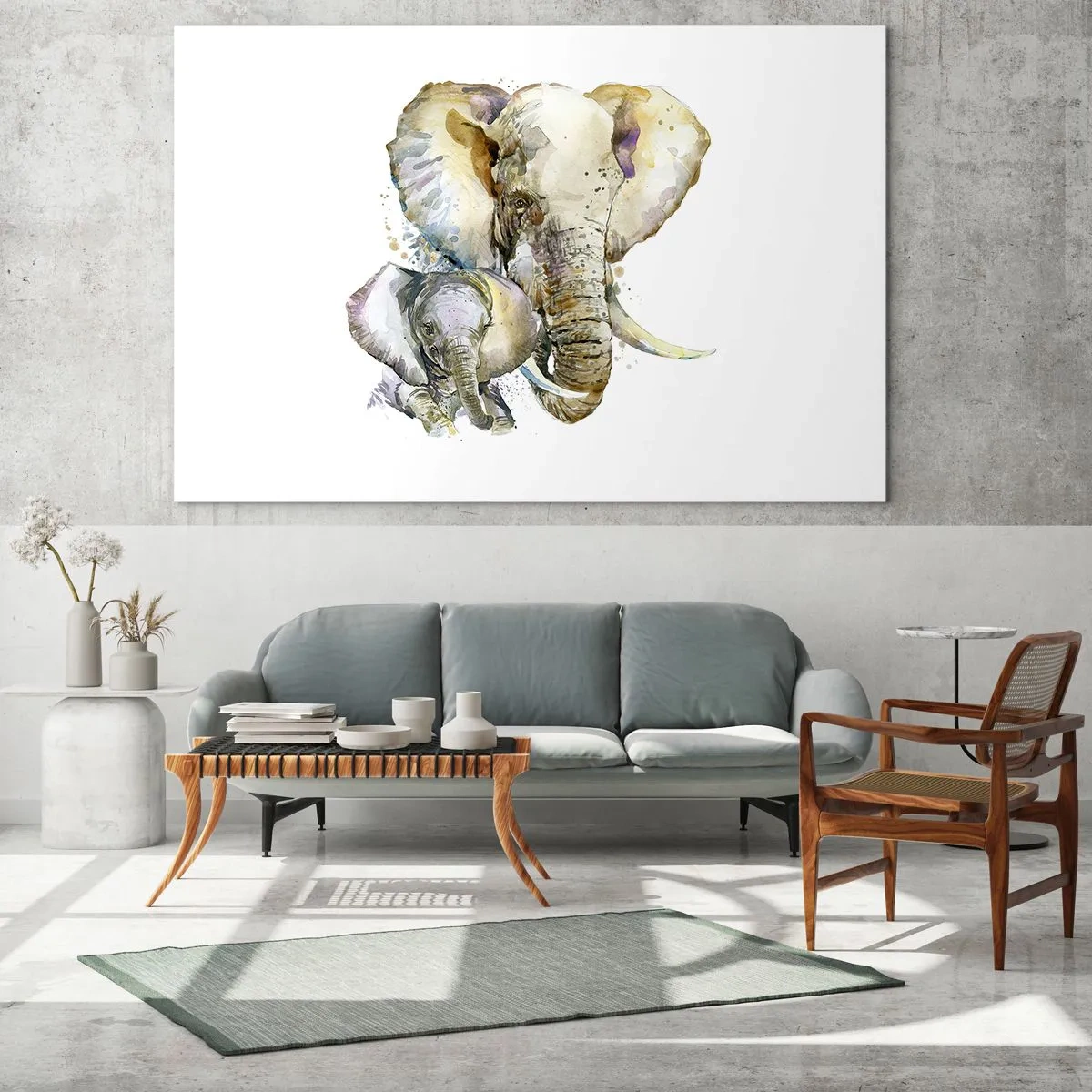 Glasbild - Bild auf glas - Künstlerische Elefanten im Aquarellstil auf weißem Hintergrund - 100x70cm - Mama ist kein Zuhause - Moderne Wanddekoration für Wohnzimmer und Schlafzimmer ARTTOR