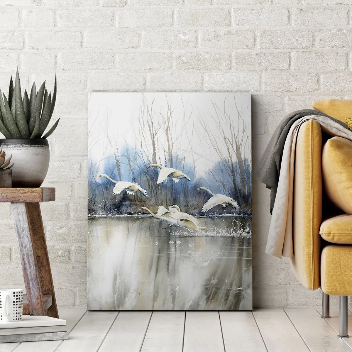 Bild auf Leinwand - Leinwandbild - Schwäne im Flug über einem zugefrorenen See in einer Winterlandschaft - 50x70cm - Wie im Märchen von den wilden Schwänen - Moderne Wanddekoration für Wohnzimmer und Schlafzimmer ARTTOR