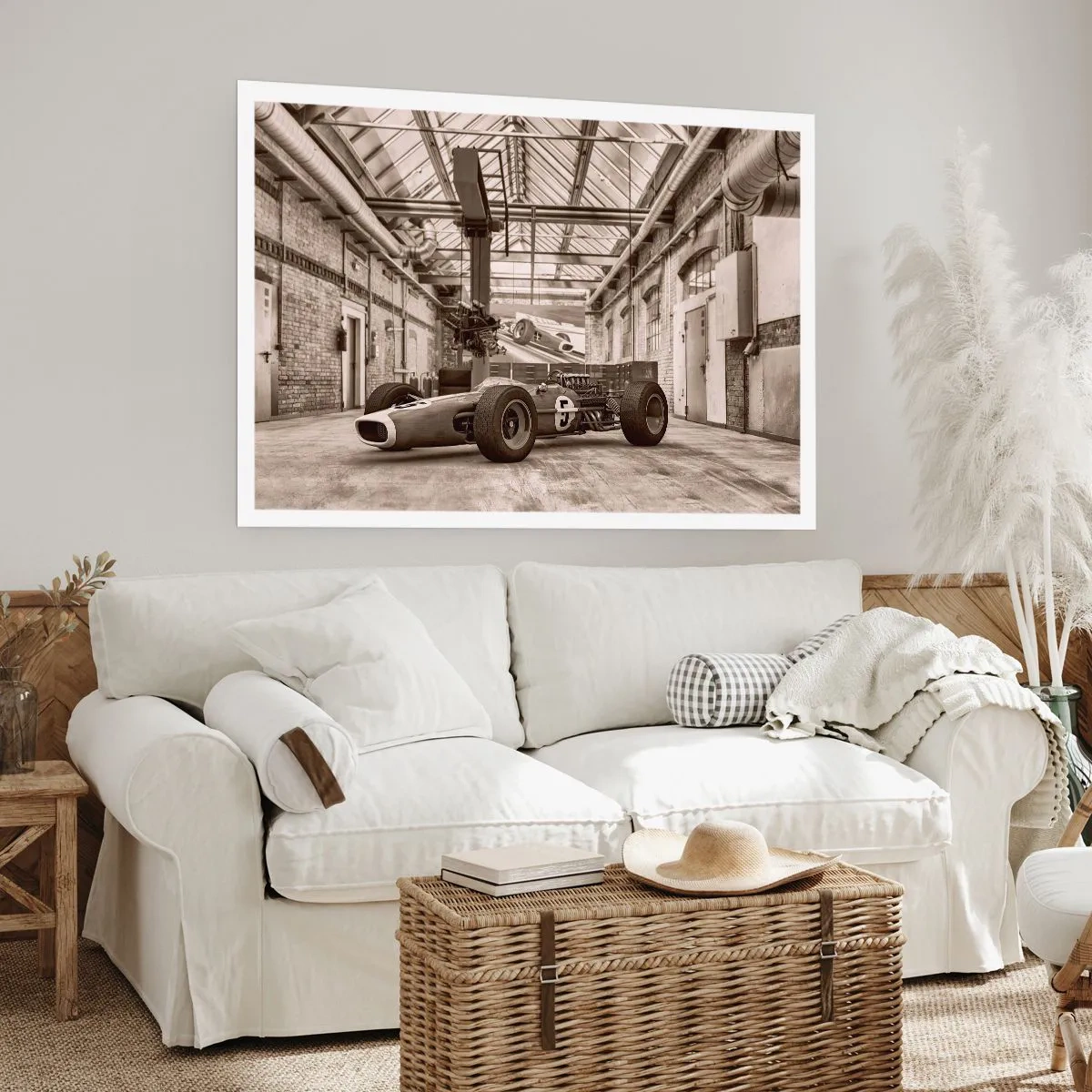 Poster - Schwarz-weißer Rennwagen in einem industriellen Interieur - 100x70cm - Die Siegerruhe - Moderne Wanddekoration für Wohnzimmer und Schlafzimmer ARTTOR