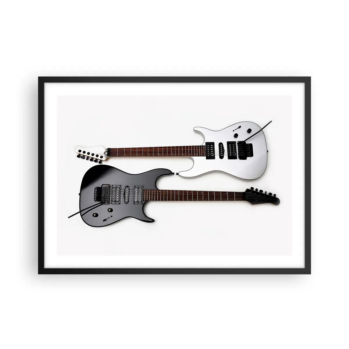 Poster in einem schwarzem Rahmen - Zwei E-Gitarren in Schwarz und Weiß auf hellem Hintergrund. - 70x50cm - Harmonie der Formen - Moderne Wanddekoration für Wohnzimmer und Schlafzimmer ARTTOR