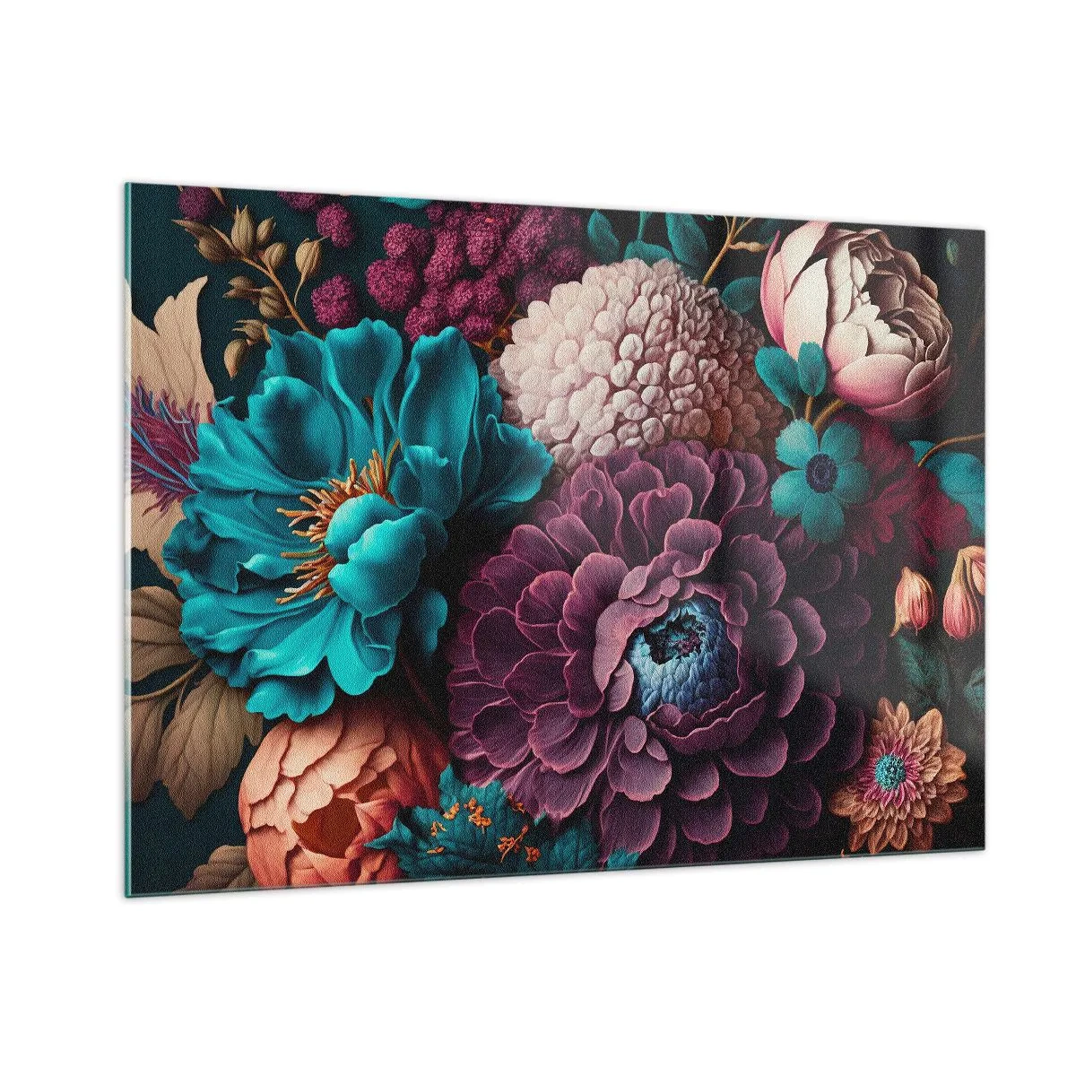 Glasbild - Bild auf glas - Eine reiche Komposition aus Blumen in intensiven Farben - 100x70cm - Natur in Hülle und Fülle - Moderne Wanddekoration für Wohnzimmer und Schlafzimmer ARTTOR