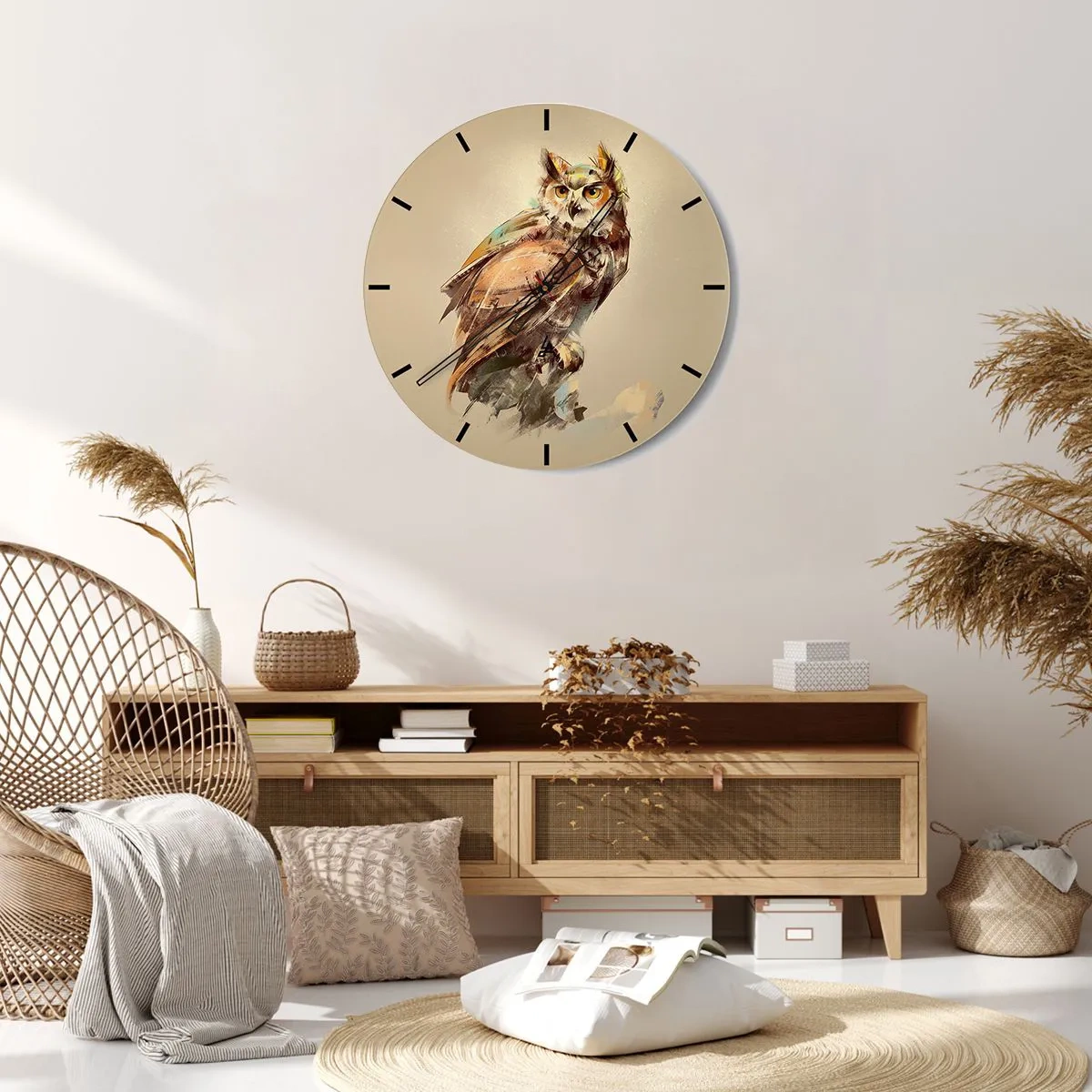 Wanduhr - Glasuhr - Künstlerisches Porträt einer Eule auf beigem Hintergrund - 30x30cm - Die klügste Eule - bestätigt den Eichenwald - Moderne Wanddekoration für Wohnzimmer, Küche und Schlafzimmer ARTTOR