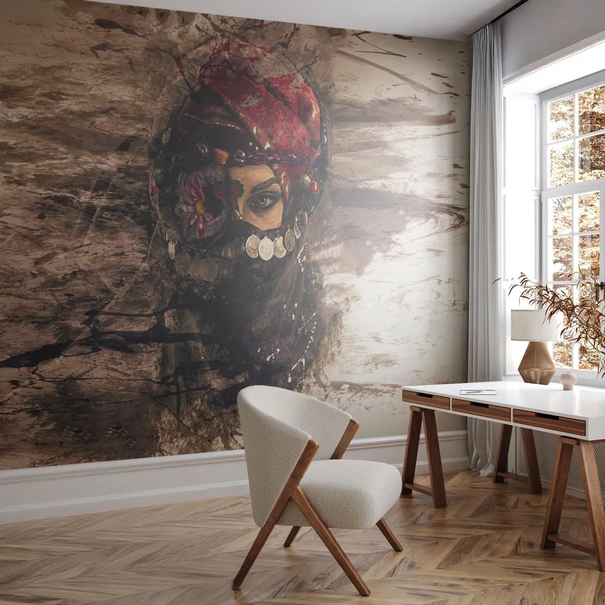 Fototapete Standard Eco - Gelinde gesagt besorgniserregend - Abstraktion, Das Gesicht einer Frau, Orientalische Symbole - 350x256 cm