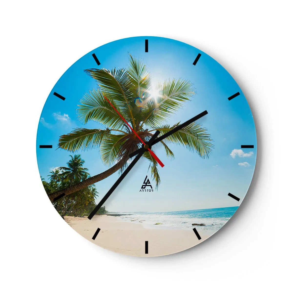 Wanduhr - Glasuhr - Tropischer Strand mit Palmen und blauem Himmel, beleuchtet von der Sonne - 30x30cm - Niemandem zeigen - Moderne Wanddekoration für Wohnzimmer, Küche und Schlafzimmer ARTTOR