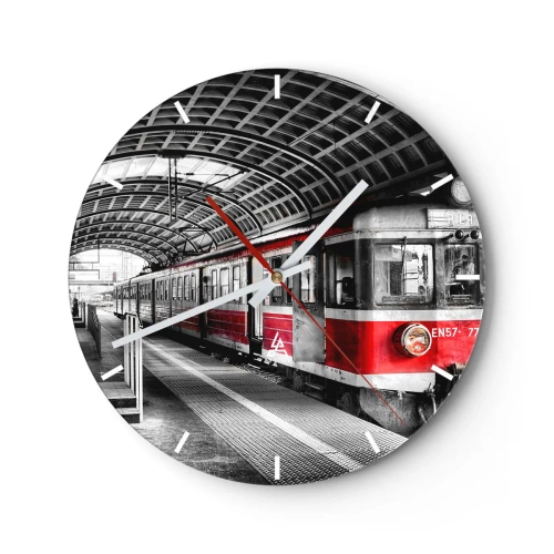 Wanduhr - Glasuhr - Roter Zug am Bahnhof im Industriestil - 30x30cm - Vielleicht ist es eine Reise Ihres Lebens? - Moderne Wanddekoration für Wohnzimmer, Küche und Schlafzimmer ARTTOR