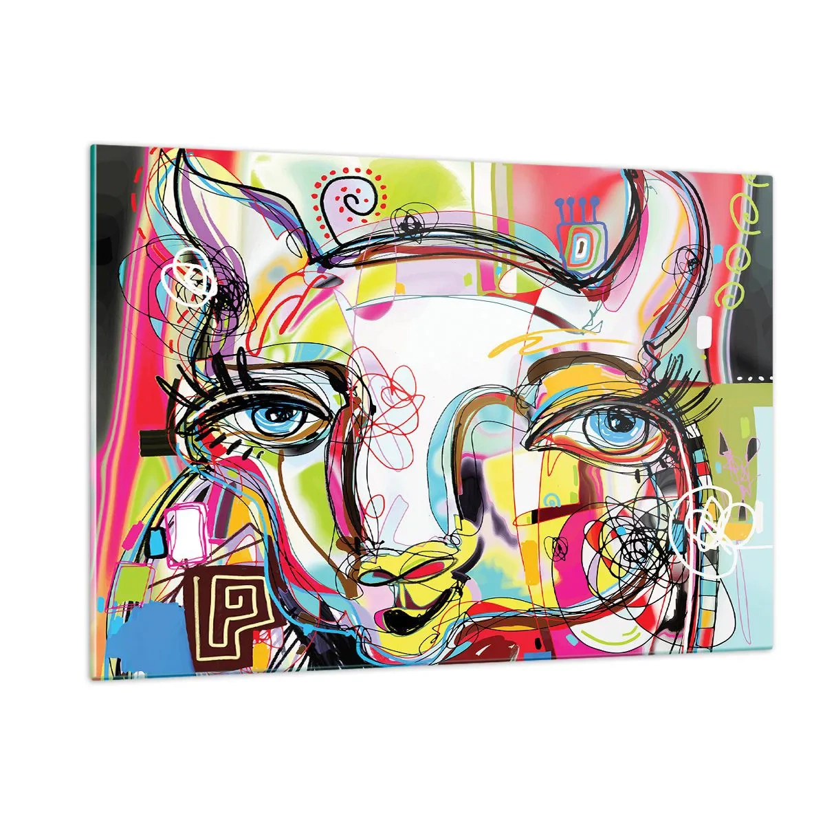 Glasbild - Bild auf glas - Abstraktes Bild eines Katzengesichts in farbenfrohem künstlerischem Ausdruck - 120x80cm - Der Reichtum des Abiturs der Katze - Moderne Wanddekoration für Wohnzimmer und Schlafzimmer ARTTOR