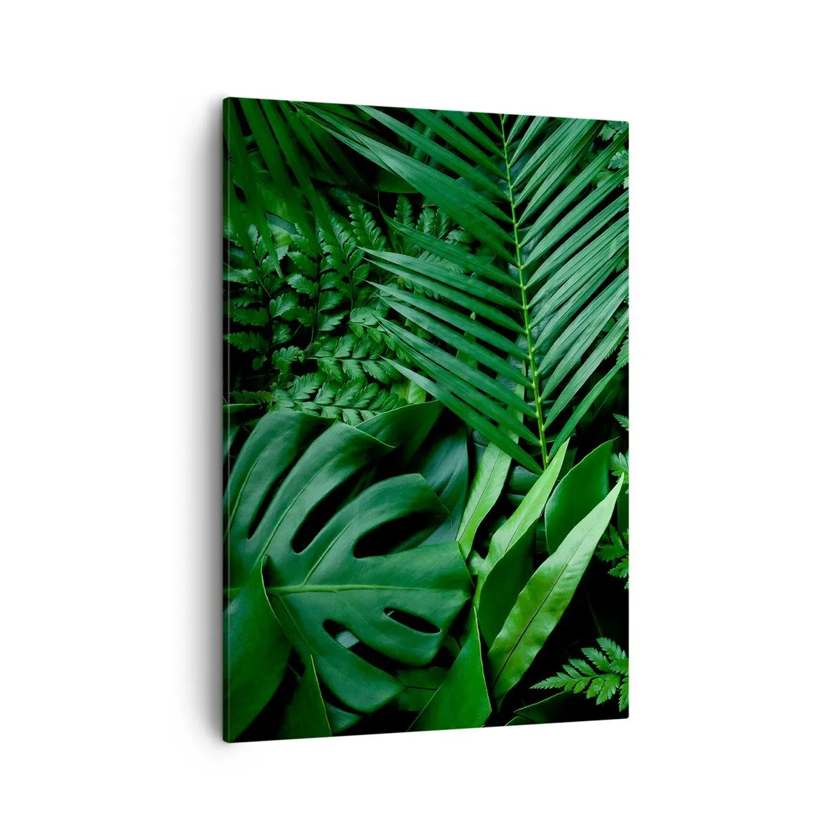 Bild auf Leinwand - Leinwandbild - Grüne tropische Blätter in einer dichten und natürlichen Komposition - 50x70cm - Eingebettet ins Grüne - Moderne Wanddekoration für Wohnzimmer und Schlafzimmer ARTTOR