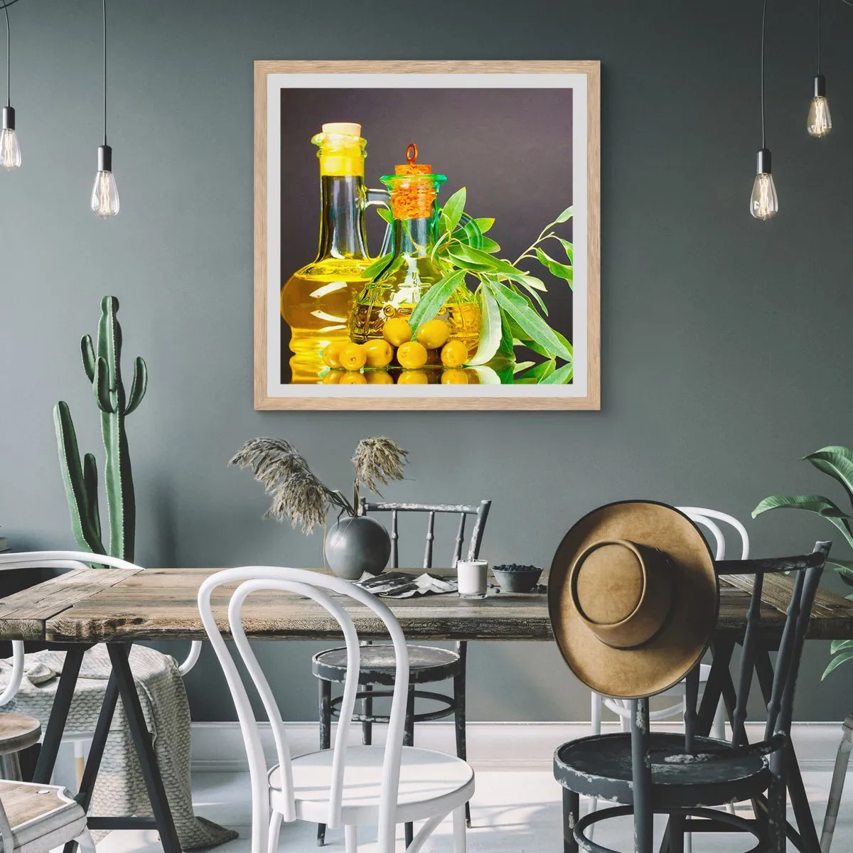 Poster in einem Rahmen aus heller Eiche - Stillleben mit Oliven und Olivenöl - 50x50 cm