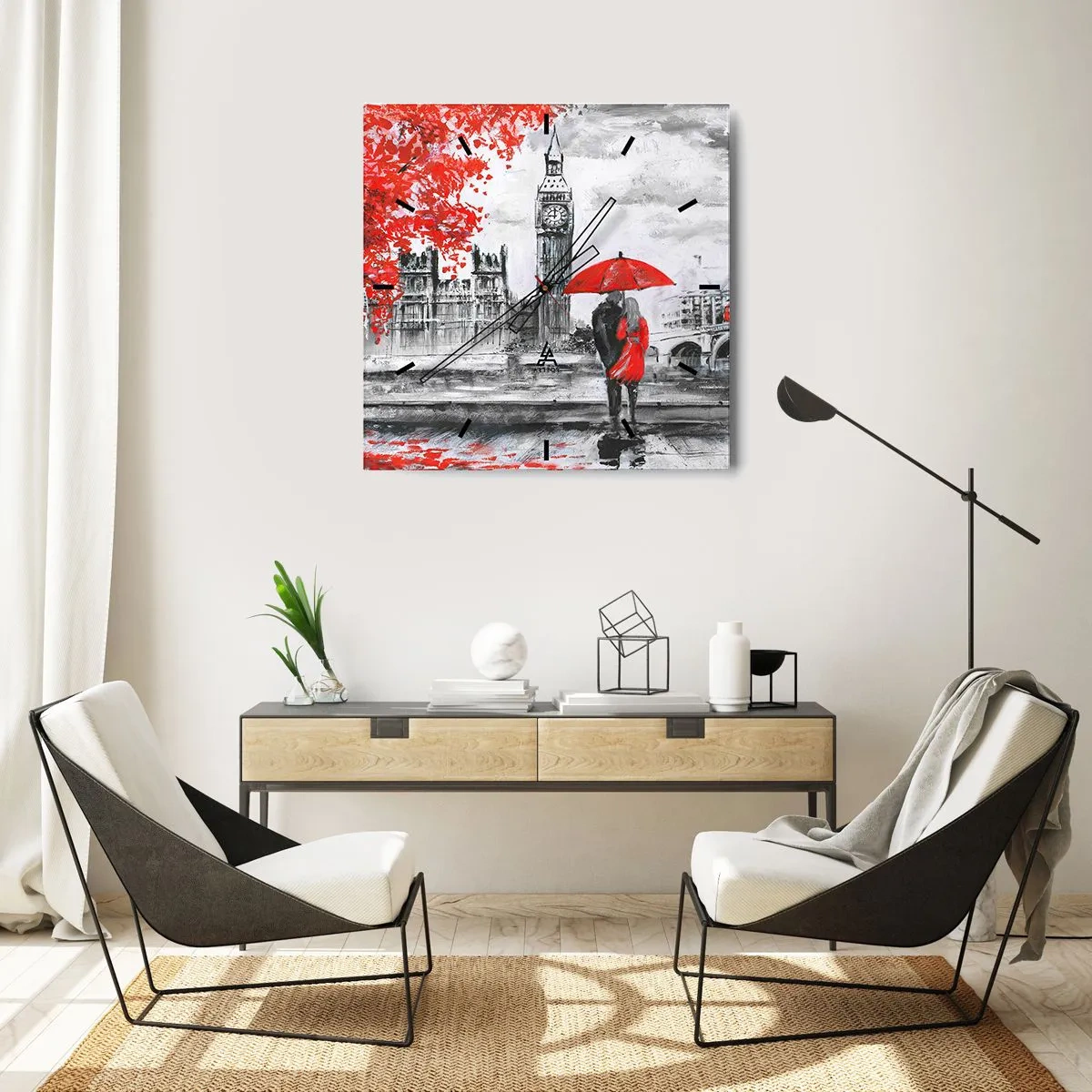 Wanduhr - Glasuhr - Romantische Szene mit Big Ben und einem roten Regenschirm - 30x30cm - Verliebt in London - Moderne Wanddekoration für Wohnzimmer und Schlafzimmer ARTTOR