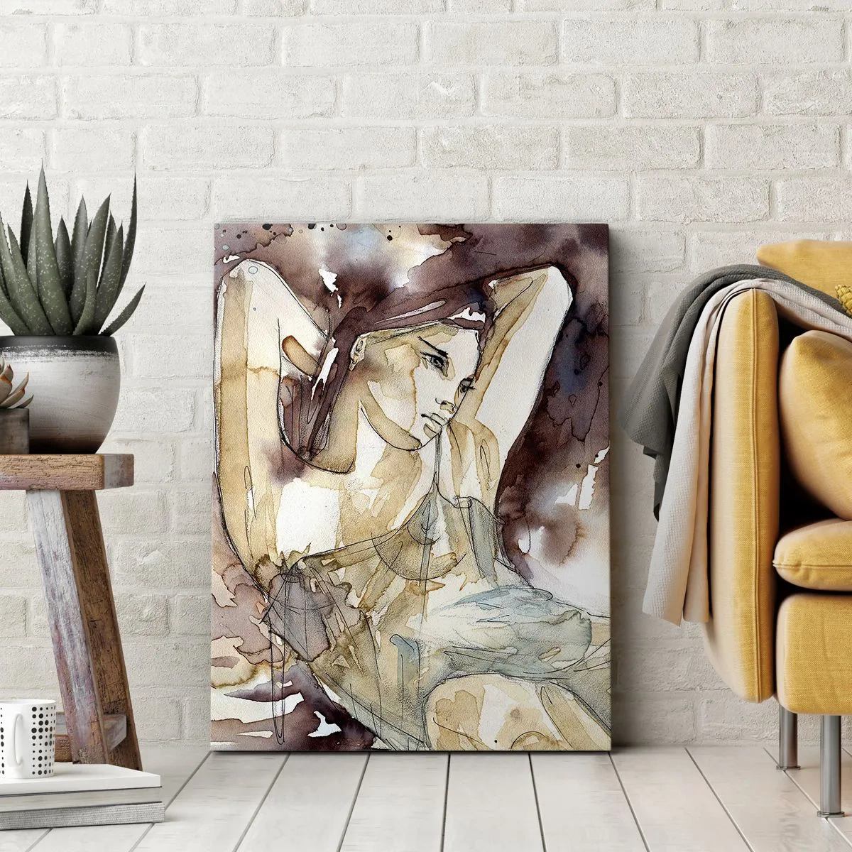 Bild auf Leinwand - Leinwandbild - Frau im künstlerischen Aquarellstil mit braunem Hintergrund - 70x100cm - In lila Stimmung - Moderne Wanddekoration für Wohnzimmer und Schlafzimmer ARTTOR
