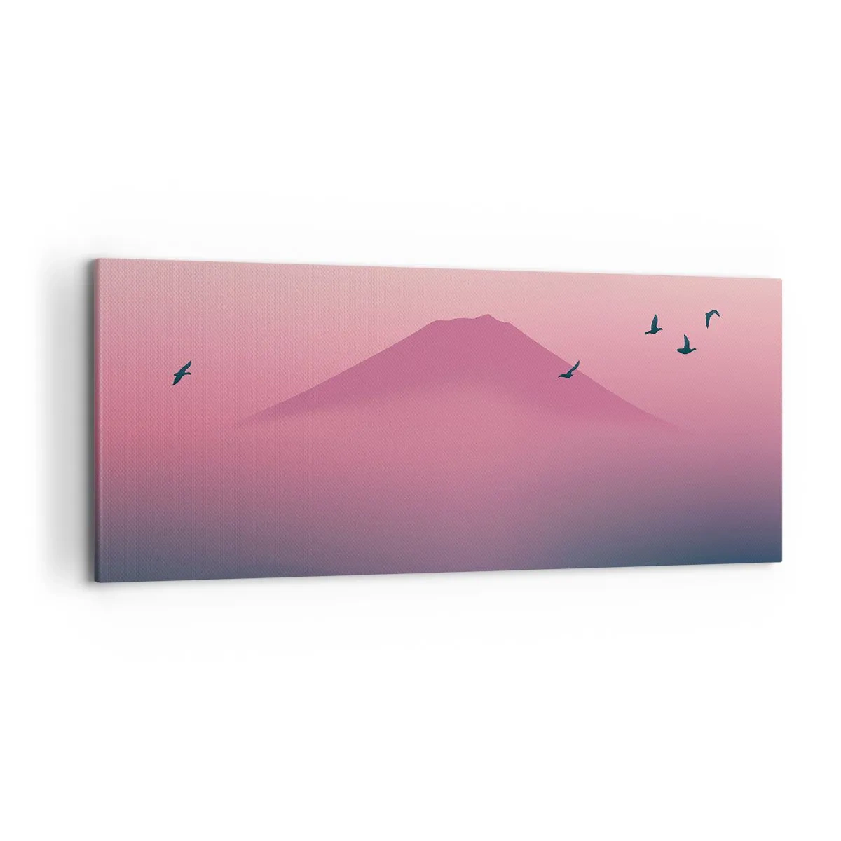 Bild auf Leinwand - Leinwandbild - Eine minimalistische Landschaft mit einem Berg und Vögeln bei Sonnenaufgang - 120x50cm - Wanderer über den Wolken - Moderne Wanddekoration für Wohnzimmer und Schlafzimmer ARTTOR