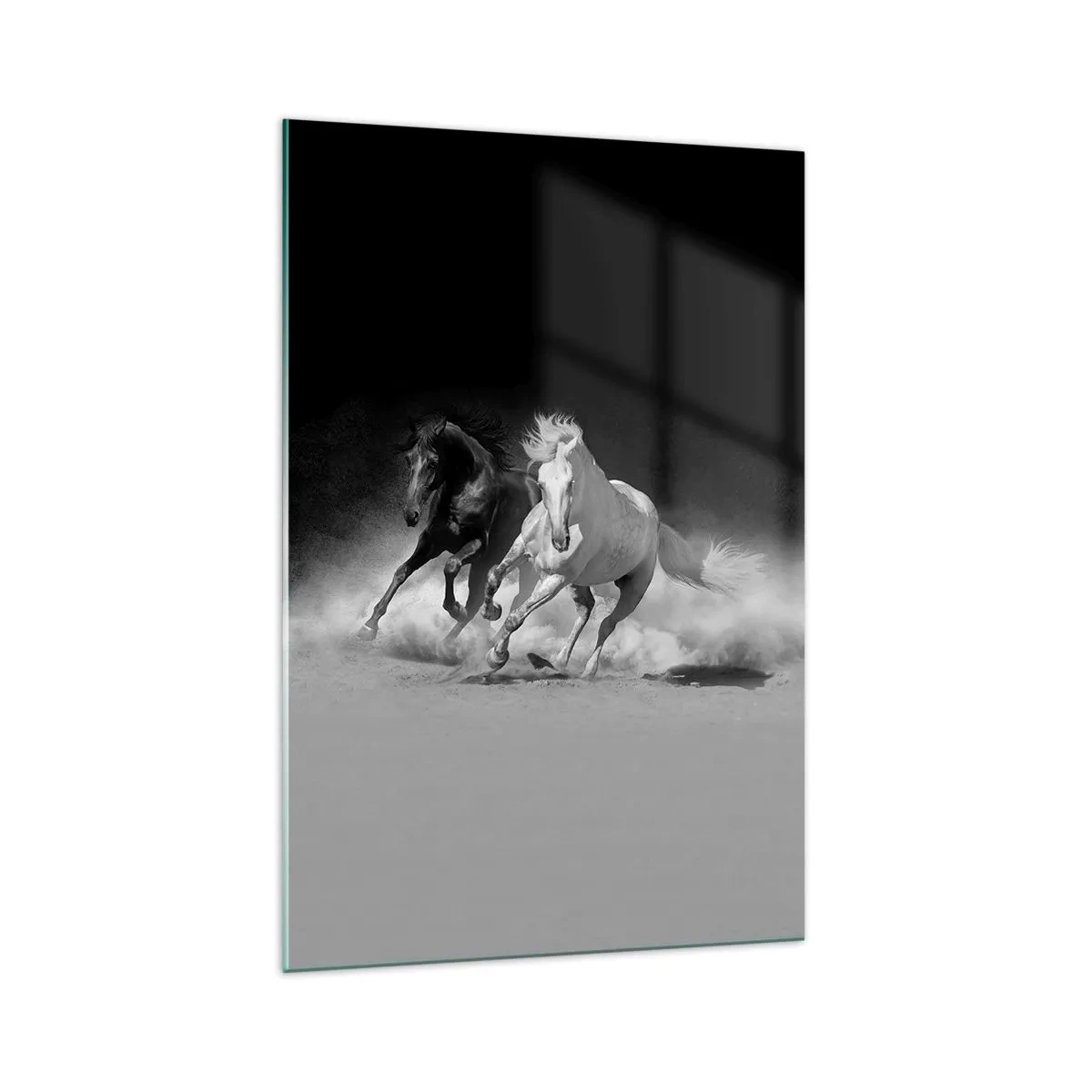 Glasbild - Bild auf glas - Laufende Pferde in Schwarz und Weiß - 70x100cm - Galopp der Freiheit - Moderne Wanddekoration für Wohnzimmer und Schlafzimmer ARTTOR