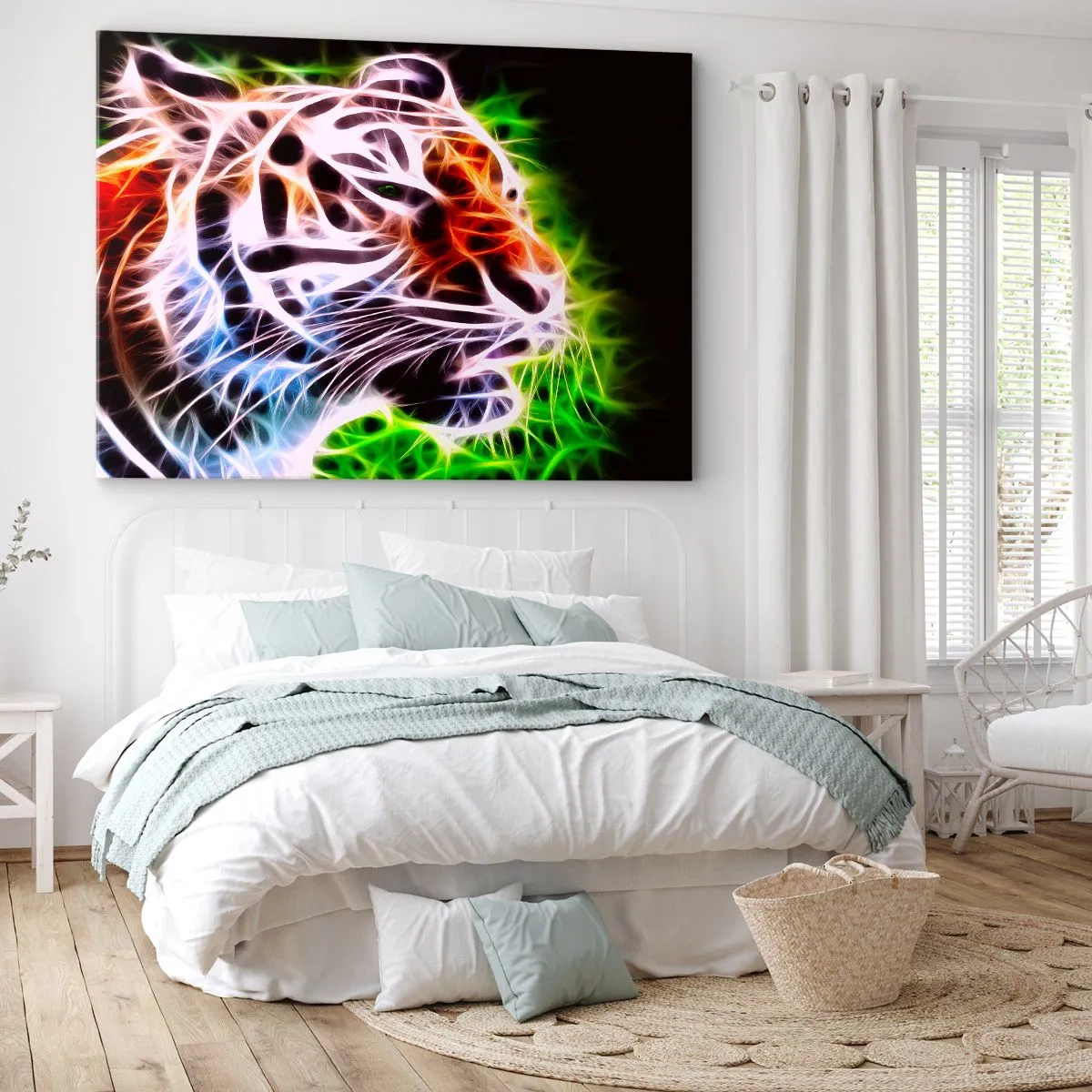 Bild auf Leinwand - Leinwandbild - Farbenfrohes künstlerisches Porträt eines Tigers im Neonstil auf schwarzem Hintergrund. - 70x50cm - Schreckliche Aura - Moderne Wanddekoration für Wohnzimmer und Schlafzimmer ARTTOR