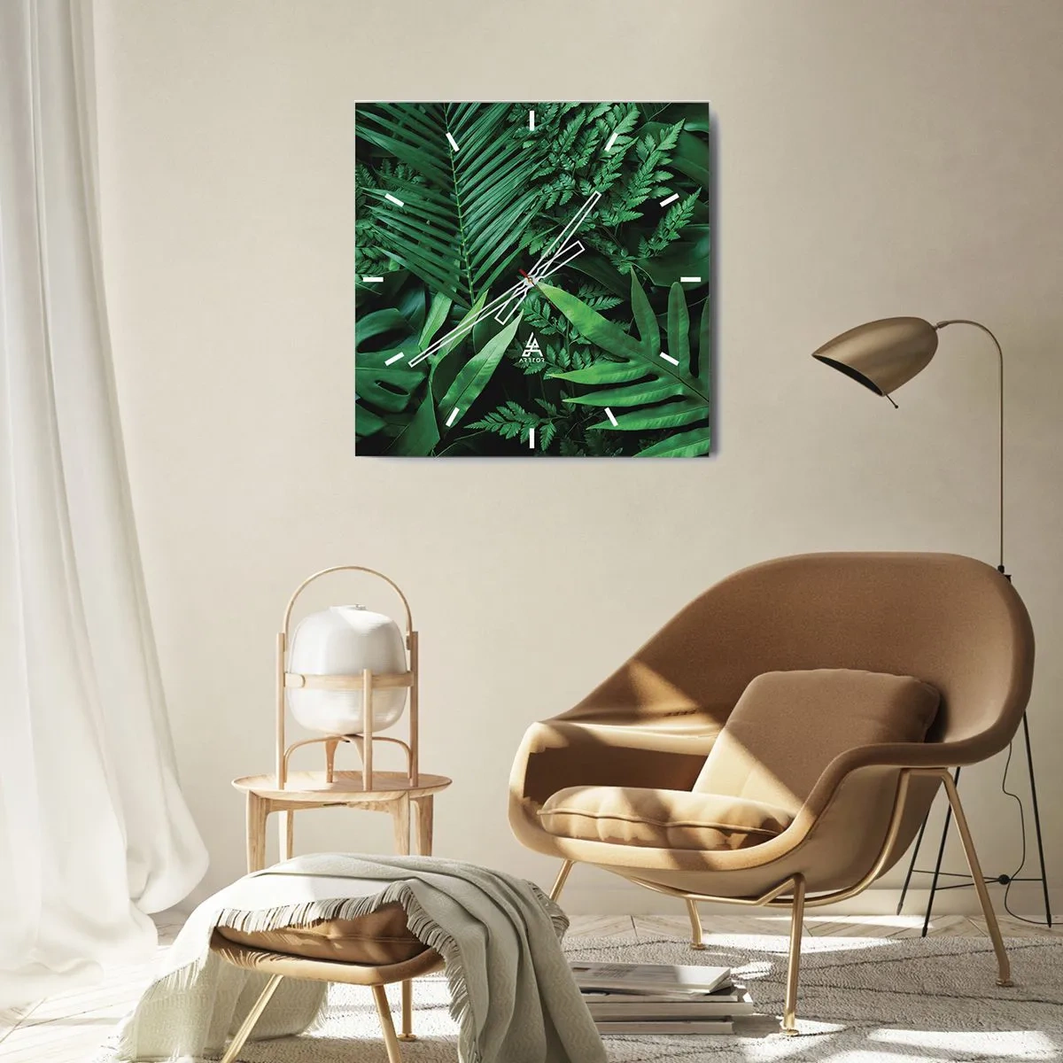 Wanduhr - Glasuhr - Grüne tropische Blätter in einer dichten und natürlichen Komposition - 30x30cm - Eingebettet ins Grüne - Moderne Wanddekoration für Wohnzimmer und Schlafzimmer ARTTOR