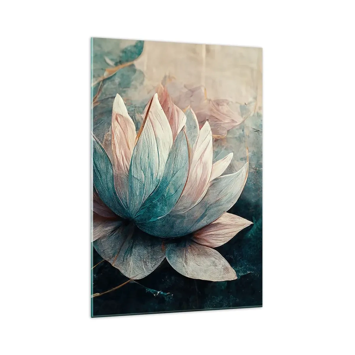 Glasbild - Bild auf glas - Dezente Seerosen in Pastelltönen von Blau und Gold - 70x100cm - Seesterne - Moderne Wanddekoration für Wohnzimmer und Schlafzimmer ARTTOR