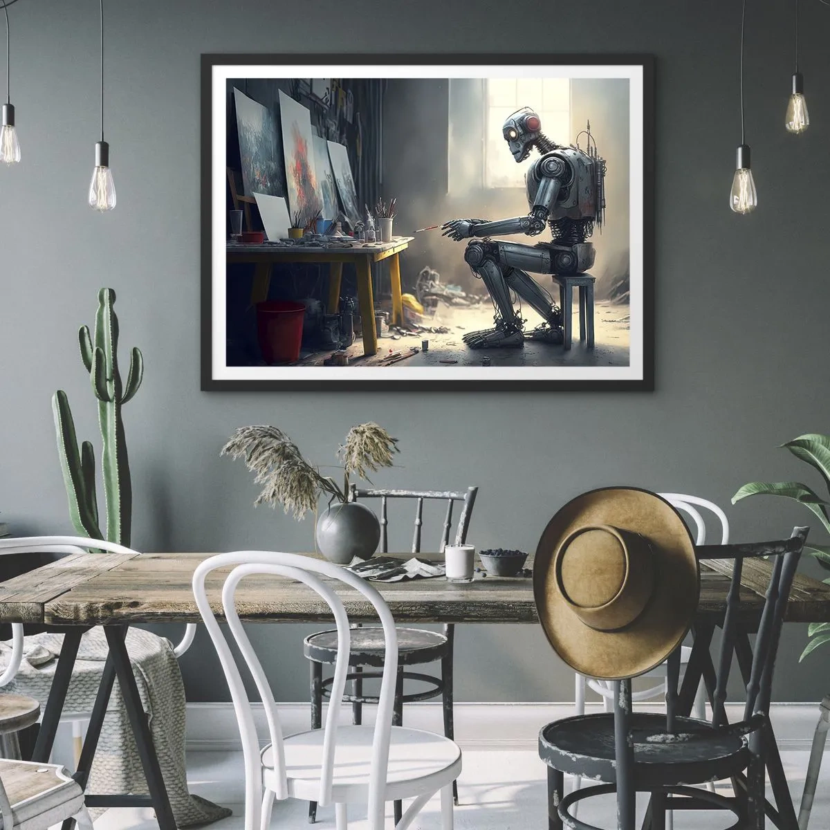 Poster in einem schwarzem Rahmen - Ein Roboter malt ein Bild in einem Kunstatelier - 70x50cm - Schöpfungsakt - Moderne Wanddekoration für Wohnzimmer und Schlafzimmer ARTTOR