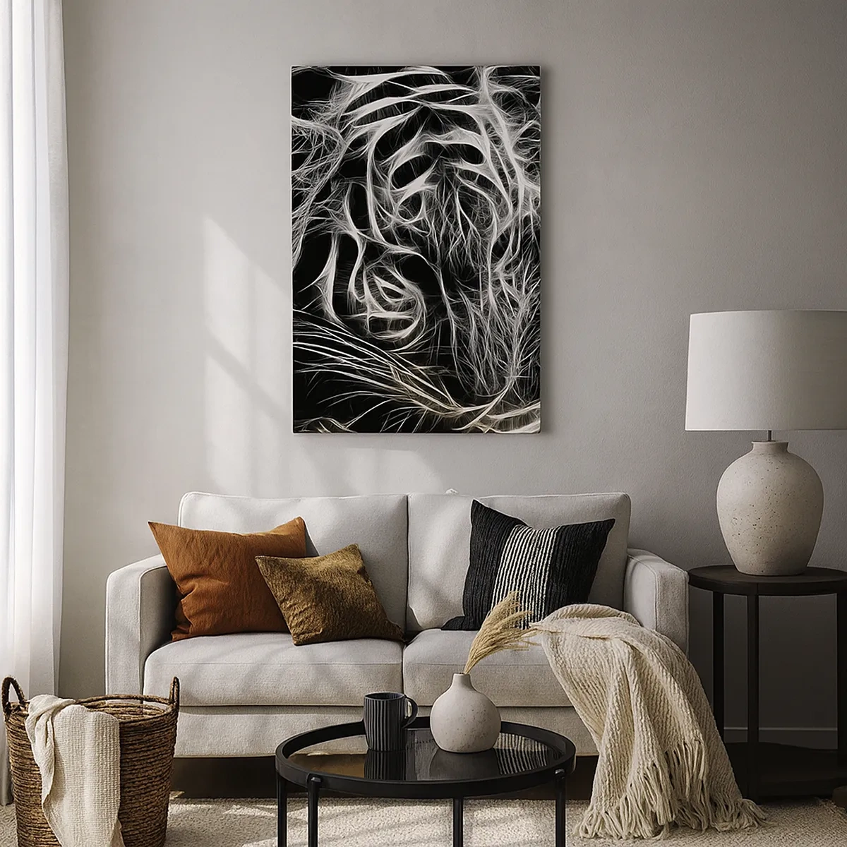 Bild auf Leinwand - Leinwandbild - Ein abstraktes Muster, das die Silhouette einer Katze auf schwarzem Hintergrund darstellt. - 50x70cm - Eine Studie über die Leichtigkeit der Katze - Moderne Wanddekoration für Wohnzimmer und Schlafzimmer ARTTOR