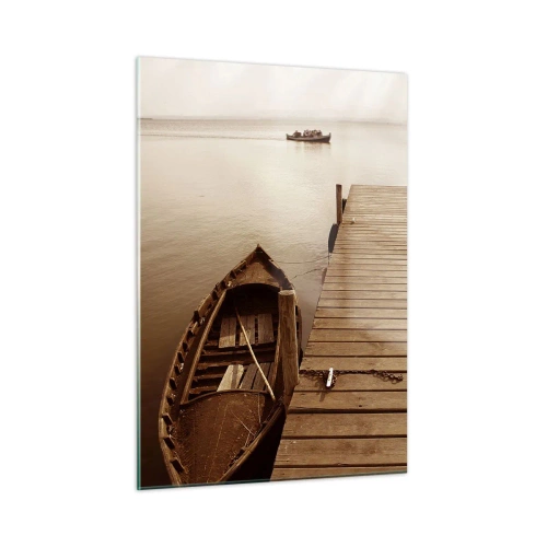 Glasbild - Bild auf glas - Ein Boot an einem Pier auf einem ruhigen See in Sepia - 50x70cm - Großer Frieden - Moderne Wanddekoration für Wohnzimmer und Schlafzimmer ARTTOR
