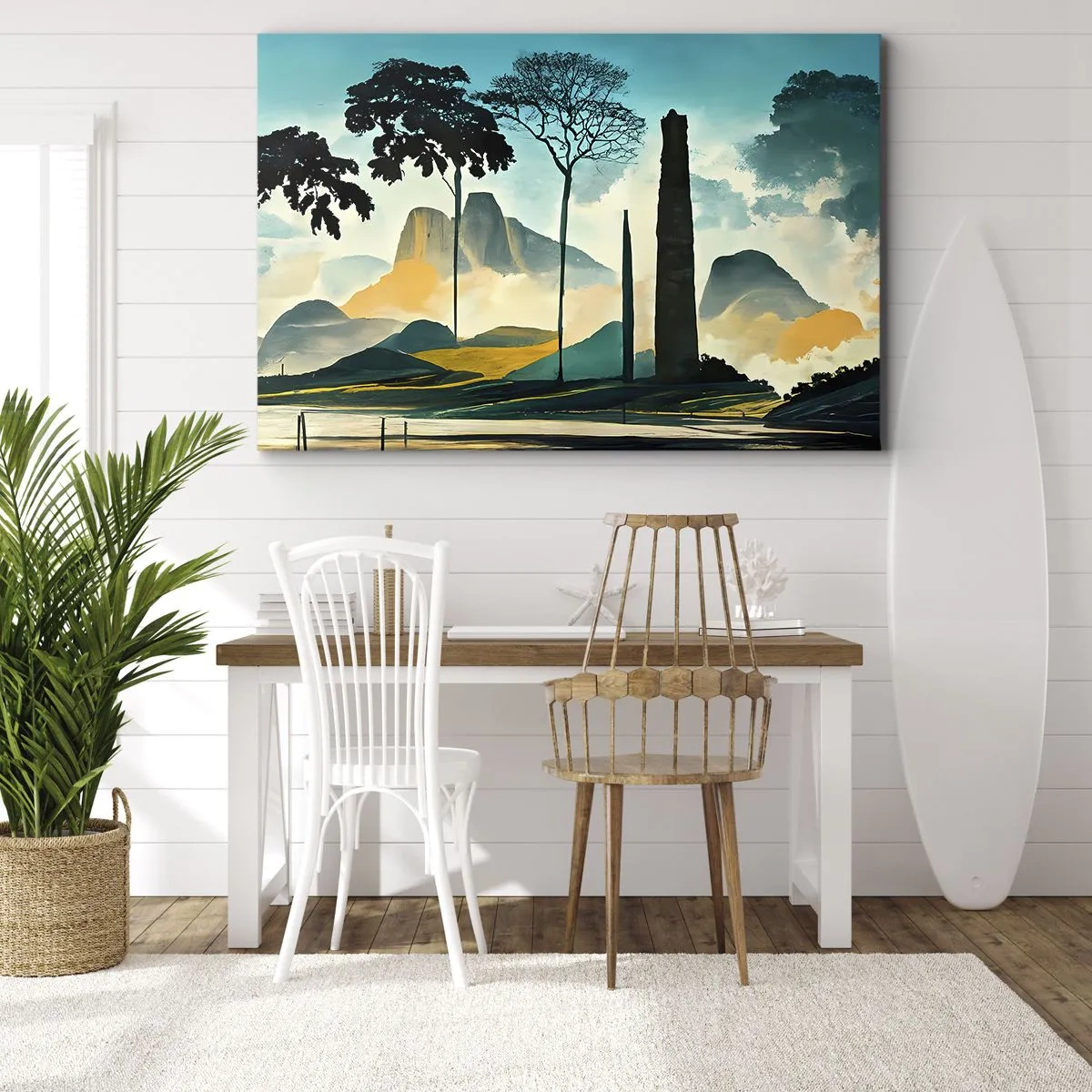 Bild auf Leinwand - Leinwandbild - Eine malerische Landschaft mit Bäumen und Bergen im Hintergrund - 70x50cm - Immer höher und höher - Moderne Wanddekoration für Wohnzimmer und Schlafzimmer ARTTOR