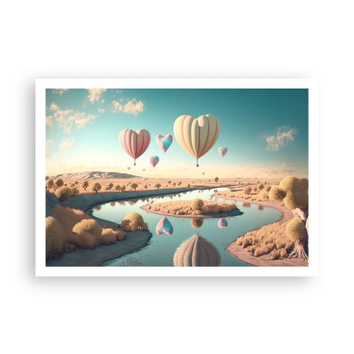 Poster - Herzförmige Ballons schweben über der Landschaft - 100x70cm - Dank Liebe steigt man auf - Moderne Wanddekoration für Wohnzimmer und Schlafzimmer ARTTOR