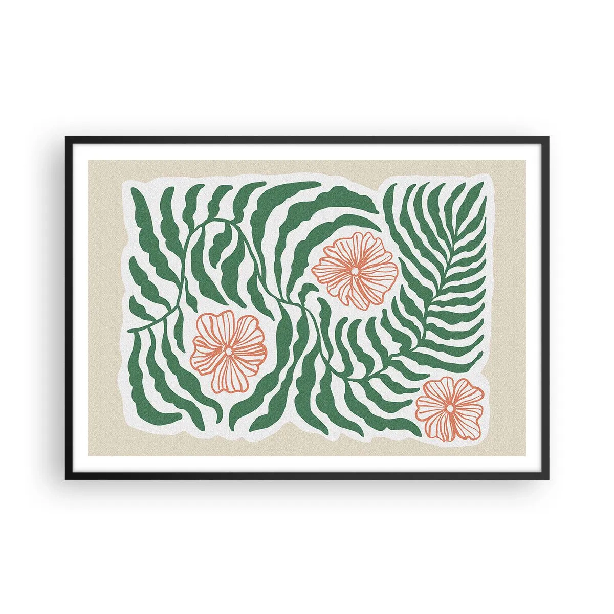 Poster in einem schwarzem Rahmen - Ein minimalistisches Motiv aus grünen Blättern mit Blüten in Orangetönen. - 100x70cm - Aufgeblüht in Grün - Moderne Wanddekoration für Wohnzimmer und Schlafzimmer ARTTOR