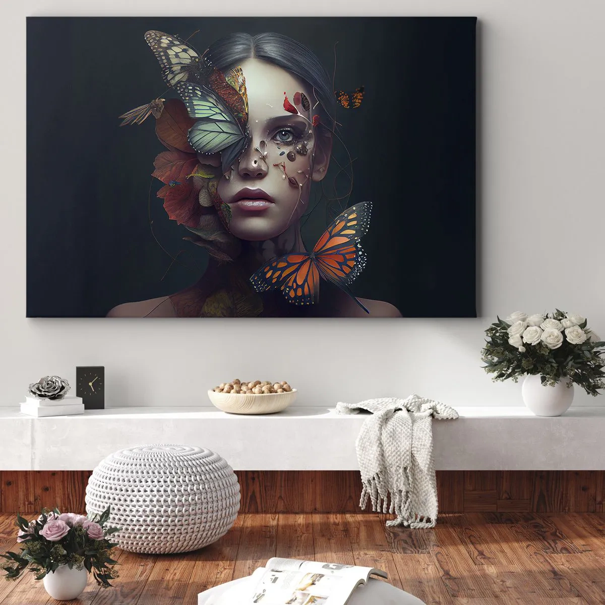Bild auf Leinwand - Leinwandbild - Porträt einer Frau mit Schmetterlingen und Pflanzenelementen - 70x50cm - Wunderbare Metamorphose - Moderne Wanddekoration für Wohnzimmer und Schlafzimmer ARTTOR