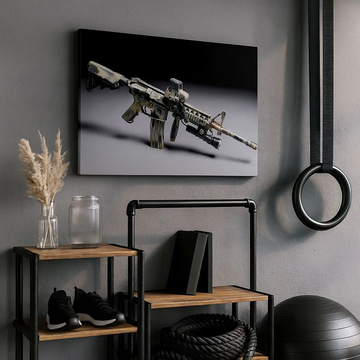 Bild auf Leinwand - Leinwandbild - Moderne Waffe in Tarnfarbe auf dunklem Hintergrund - 70x50cm - Immer bedrohlich - Moderne Wanddekoration für Wohnzimmer und Schlafzimmer ARTTOR