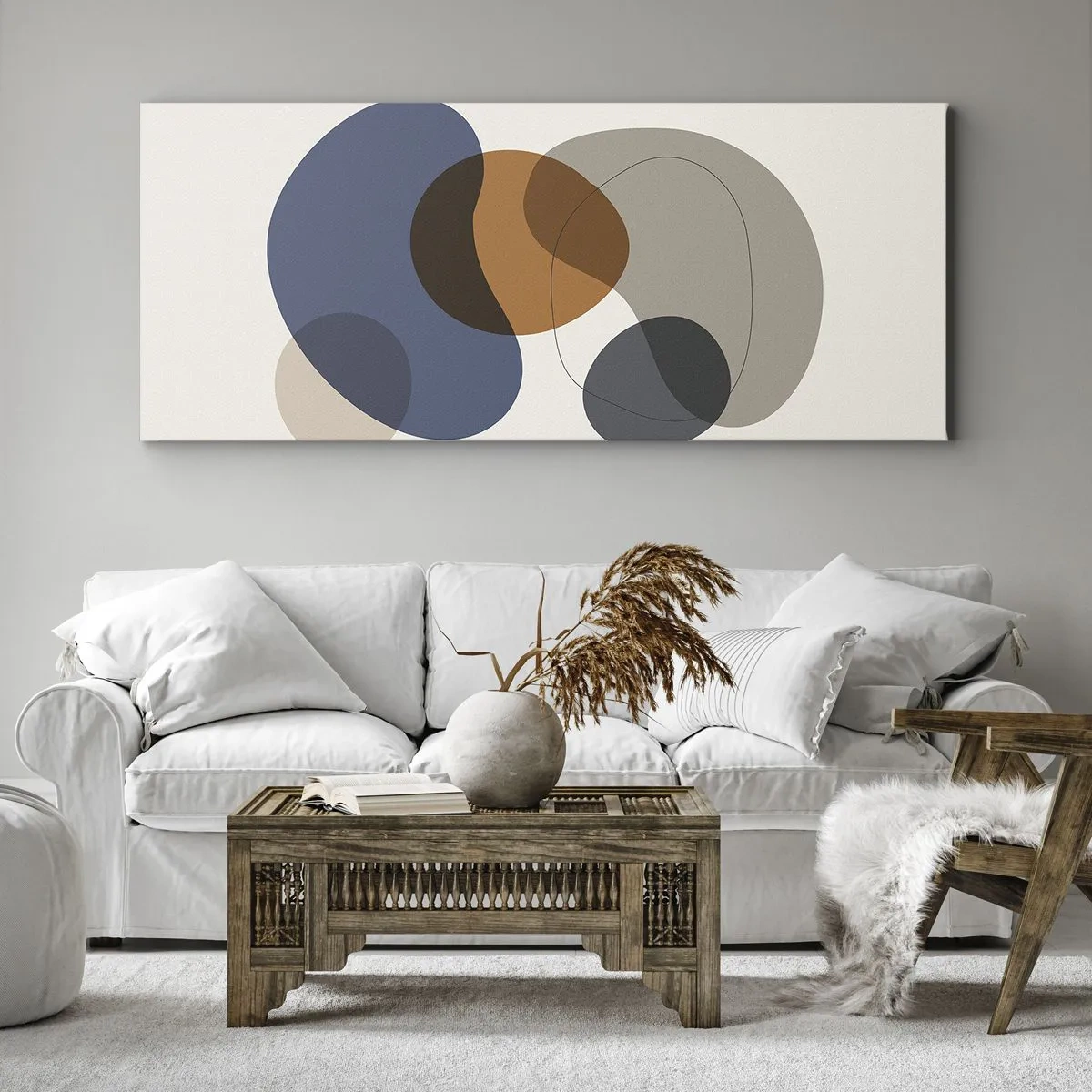 Bild auf Leinwand - Leinwandbild - Abstrakte bunte Formen in Blau- und Brauntönen - 140x50cm - Farbtropfen - Moderne Wanddekoration für Wohnzimmer und Schlafzimmer ARTTOR
