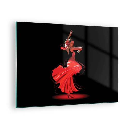 Glasbild - Bild auf glas - Flamenco-Tänzerin in einem roten Kleid vor schwarzem Hintergrund - 70x50cm - Der feurige Geist des Flamenco - Moderne Wanddekoration für Wohnzimmer und Schlafzimmer ARTTOR