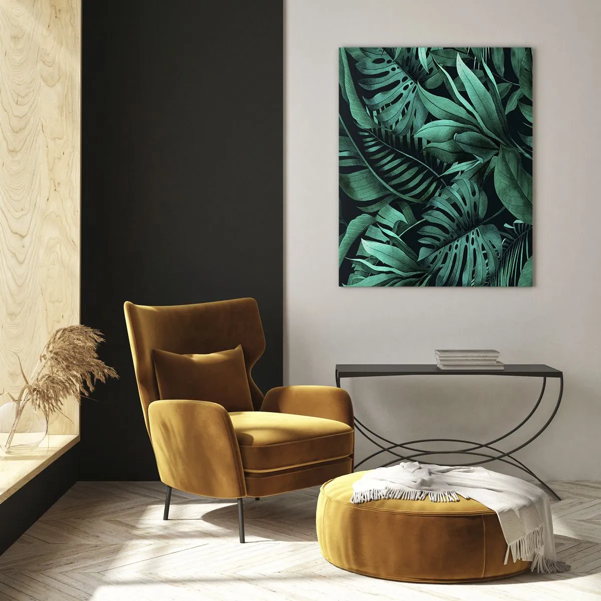 Glasbild - Bild auf glas - Üppig grüne Blätter in einer tropischen Komposition - 50x70cm - Die Tiefe des tropischen Grüns - Moderne Wanddekoration für Wohnzimmer und Schlafzimmer ARTTOR