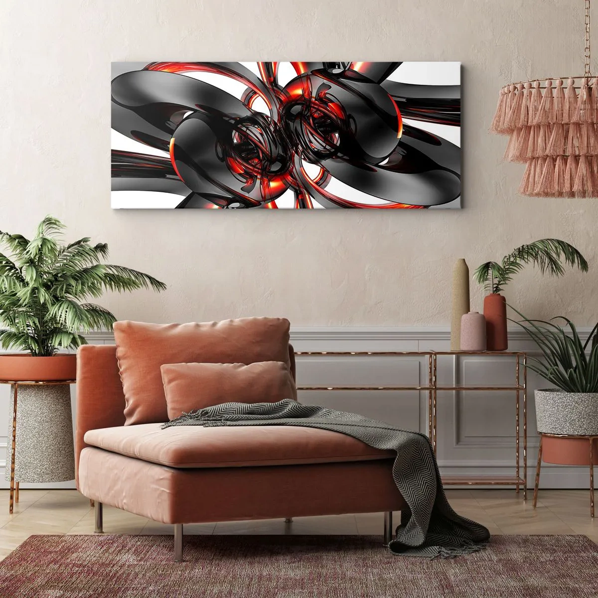 Bild auf Leinwand - Leinwandbild - Abstrakte 3D-Grafiken mit schwarzen und roten Elementen - 120x50cm - Uhrwerk in Graphit und Rot - Moderne Wanddekoration für Wohnzimmer und Schlafzimmer ARTTOR
